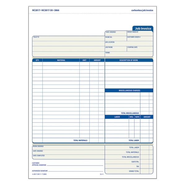 Adams Carbonless Contractors Invoices, 2-Part, 100 Sets