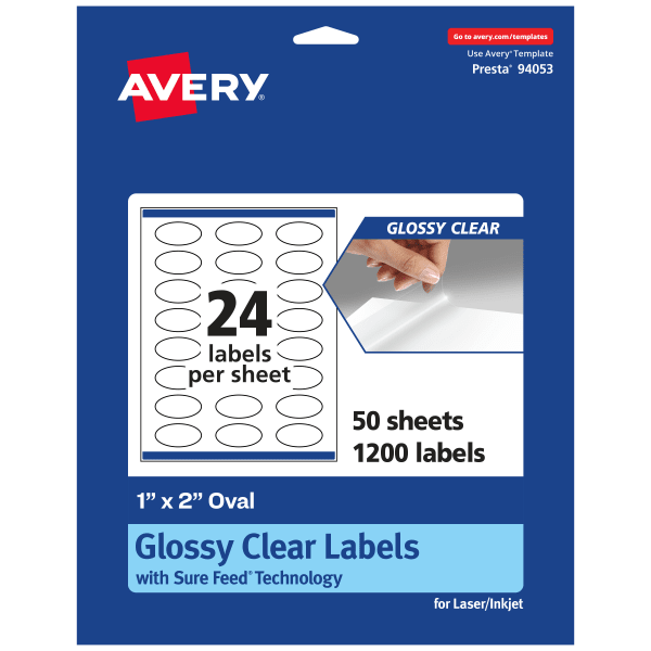 Avery Glossy Permanent Labels With Sure Feed, 94053-CGF50, Oval, 1in x 2in, Clear, Pack Of 1,200