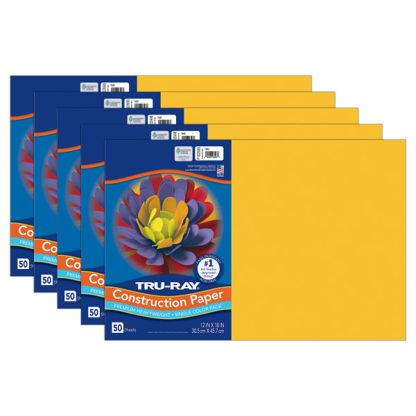 Tru-Ray Construction Paper, Heavyweight, 12in x 18in, Gold, 50 Sheets Per Pack, Set Of 5 Packs