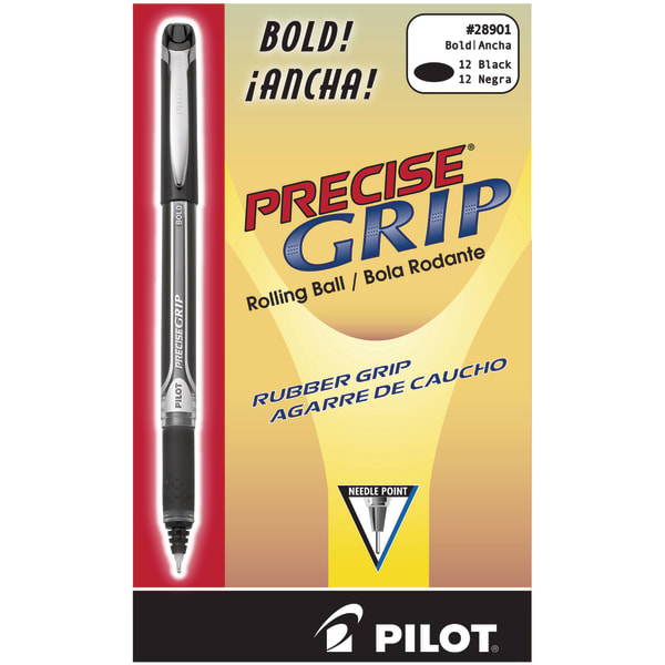 Pilot Precise Grip Liquid Ink Rollerball Pens, Bold Point, 1.0 mm, Black Metallic Barrel, Black Ink, Pack Of 12 Pens