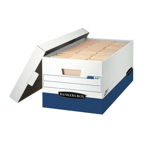 Bankers Box Presto Heavy-Duty Storage Boxes With Locking Lift-Off Lids And Built-In Handles, Letter Size, 24in x 12in x 10in, 60% Recycled, White/Blue, Case Of 12