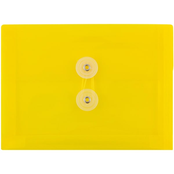 JAM Paper Index Booklet Plastic Envelopes, 5 1/2in x 7 1/2in, Button & String Closure, Yellow, Pack Of 12