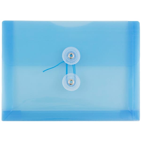 JAM Paper Index Booklet Plastic Envelopes, 5 1/2in x 7 1/2in, Button & String Closure, Blue, Pack Of 12