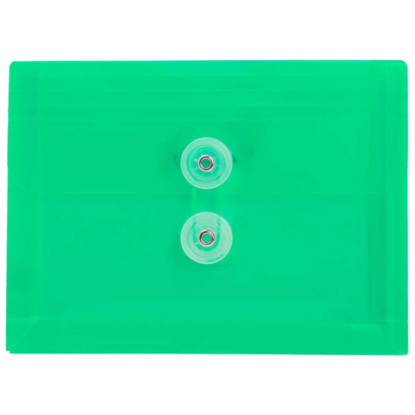 JAM Paper Index Booklet Plastic Envelopes, 5 1/2in x 7 1/2in, Button & String Closure, Green, Pack Of 12