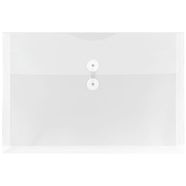 JAM Paper Plastic Booklet Envelopes, Legal-Size, 9 3/4in x 14 1/2in, Button & String, Clear, Pack Of 12