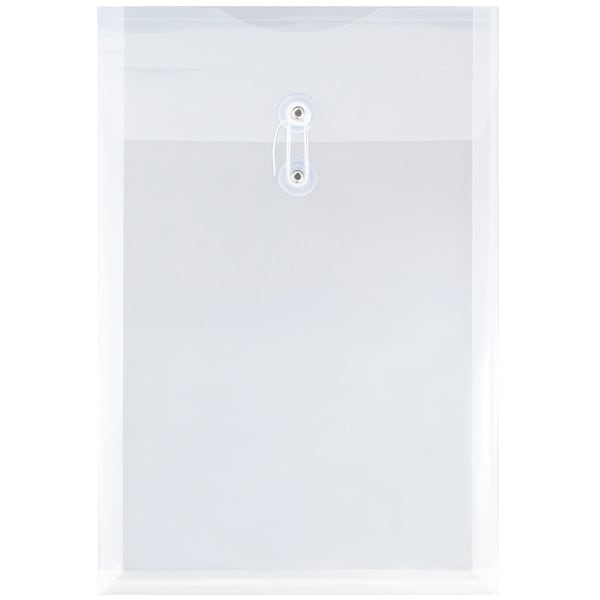 JAM Paper Open-End Plastic Envelopes, Legal-Size, 9 3/4in x 14 1/2in, Button & String Closure, Clear, Pack Of 12