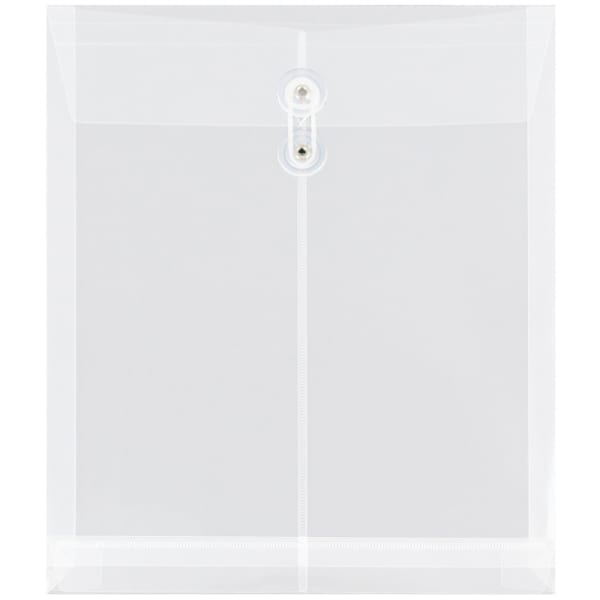 JAM Paper Open-End Plastic Envelopes, Letter-Size, 9 3/4in x 11 3/4in, Button & String Closure, Clear, Pack Of 12