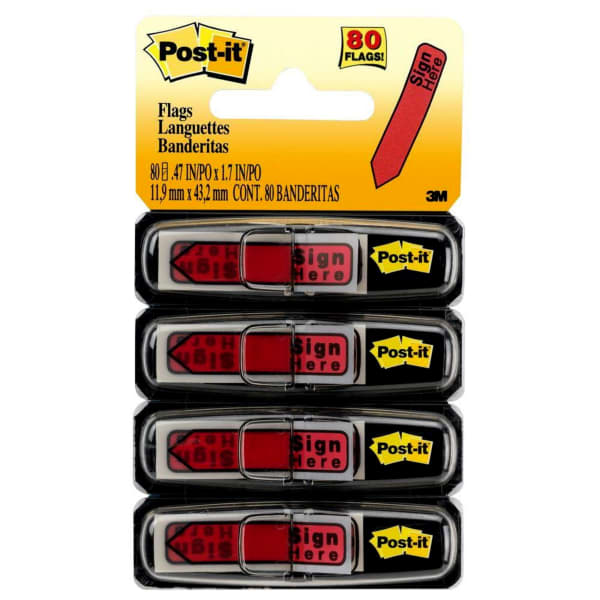 Post-it Notes Arrow Flags, " Sign Here", 1/2in, Red, 20 Flags Per Pad, Pack Of 4 Pads