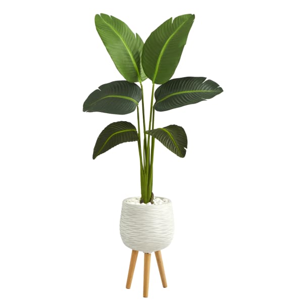 Nearly Natural Traveler's Palm 60inH Artificial Plant With Stand Planter, 60inH x 17inW x 15inD, Green/White