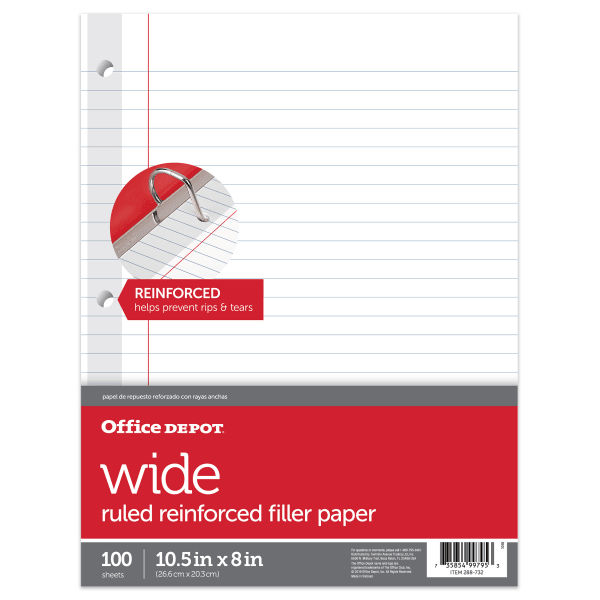 Office Depot Brand Reinforced Filler Paper, 8in x 10-1/2in, Wide Ruled, White, Pack Of 100 Sheets