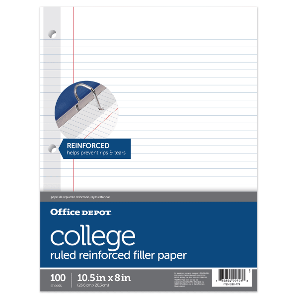 Office Depot Brand Reinforced Filler Paper, 8in x 10-1/2in, College Ruled, White, Pack Of 100 Sheets