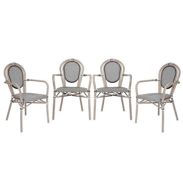 Flash Furniture 4 Pack Marseille Indoor/Outdoor Commercial Thonet Bistro Stacking Chair with Arms, Textilene and Bamboo Print Aluminum Frame, Black & White/Light Natural Frame
