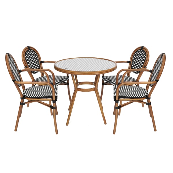 Flash Furniture Lourdes Indoor/Outdoor Commercial Bistro 31.5in Table, PE Rattan, Glass Top with 4 Stack Chairs, Black & White Rattan/Natural Frame
