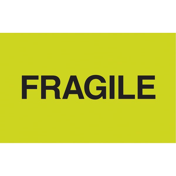 Tape Logic Preprinted Shipping Labels, DL2421, "Fragile", 3in x 5in, Fluorescent Green, 500 Per Roll