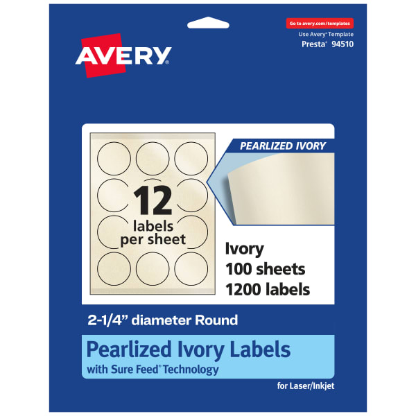 Avery Pearlized Permanent Labels With Sure Feed, 94510-PIP100, Round, 2-1/4in Diameter, Ivory, Pack Of 1,200 Labels