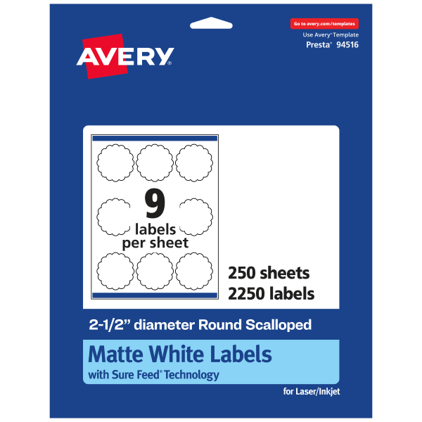 Avery Permanent Labels With Sure Feed, 94516-WMP250, Round Scalloped, 2-1/2in Diameter, White, Pack Of 2,250