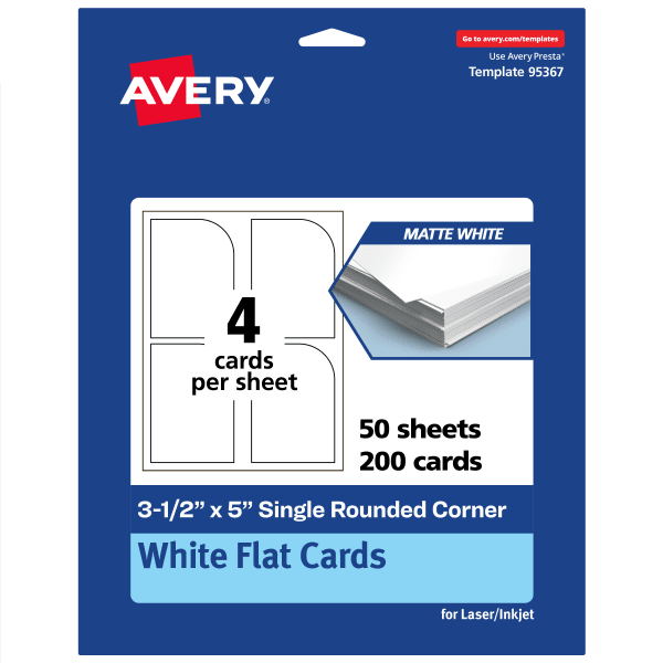 Avery Print-To-The-Edge Flat Cards, 3-1/2inx5in Rectangle Single Rounded Corner, Matte White, Pack Of 200