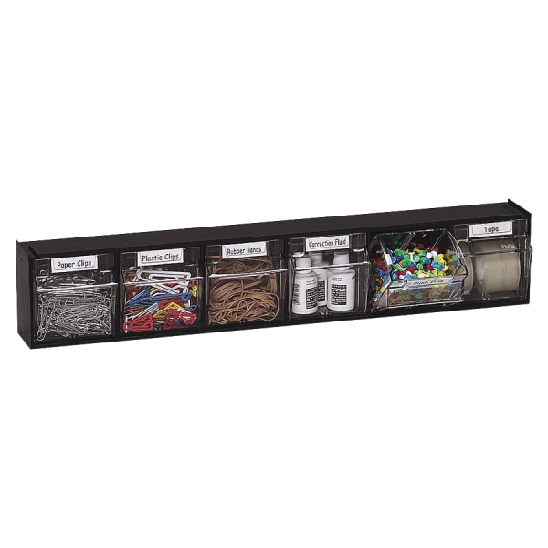 Deflecto Interlocking Horizontal Tilt Bin, 6 Bins, Small Size, 4 1/2in x 23 5/8in x 3 5/8in, Black/Clear