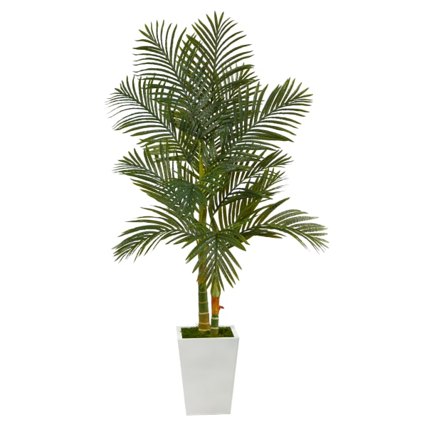 Nearly Natural Golden Cane Palm 66inH Artificial Plant With Metal Planter, 66inH x 23inW x 21inD, Green/White