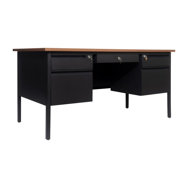 Flash Furniture Cambridge Commercial Grade Double Pedestal 60inW x 30inD Desk with Locking Drawers and Metal Frame, Walnut