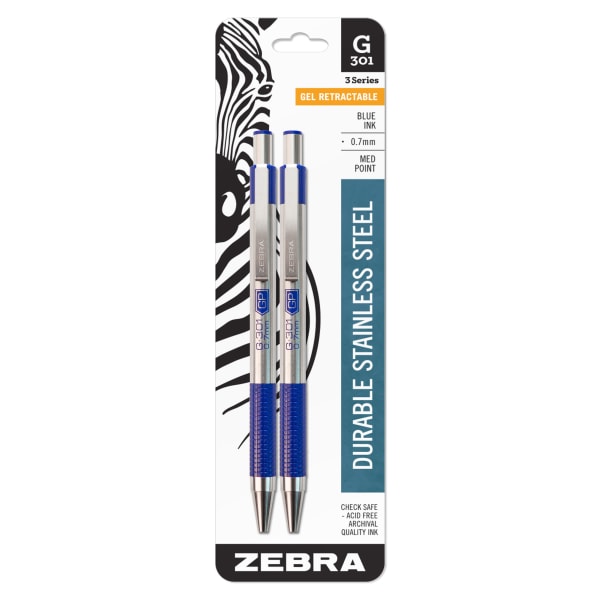 Zebra Pen G-301 Retractable Gel Pens, Pack Of 2, Medium Point, 0.7 mm, Silver Barrel, Blue Ink