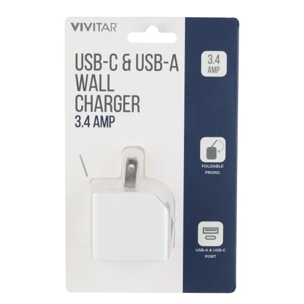 Vivitar USB-C And USB-A Wall Charger, White, NIL6004-WHT-STK-24