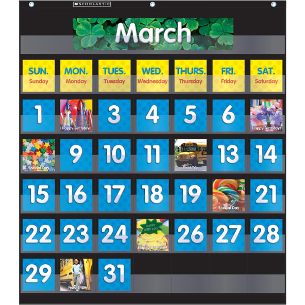 Scholastic Teacher Resources Pocket Chart, Monthly Calendar, 25in x 27 3/4in, Black, Kindergarten to Grade 5