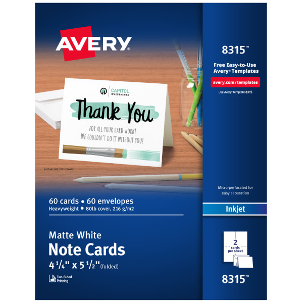 Avery Printable Note Cards With Envelopes, 4.25in x 5.5in, Matte White, 60 Blank Note Cards For Inkjet Printers