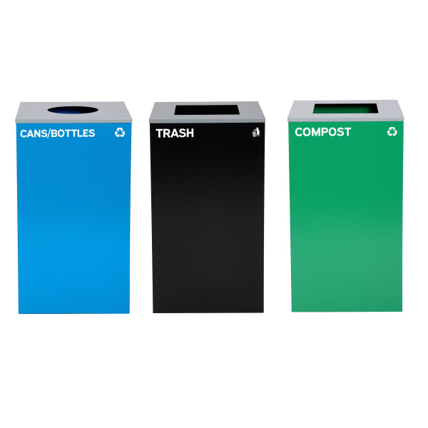 Alpine Industries Stainless-Steel Open Top Cans/Bottles Recycling, Compost And Trash Can Set With Square And Circle Lids, 29 Gallons, 30inH x 16-15/16inW x 16-15/16inD, Black/Blue/Green, Set Of 3 Trash Cans