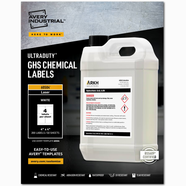 Avery UltraDuty GHS Chemical Labels For Laser Printers, Waterproof, UV Resistant, 60504, Square, 4in x 4in, White, Pack Of 200