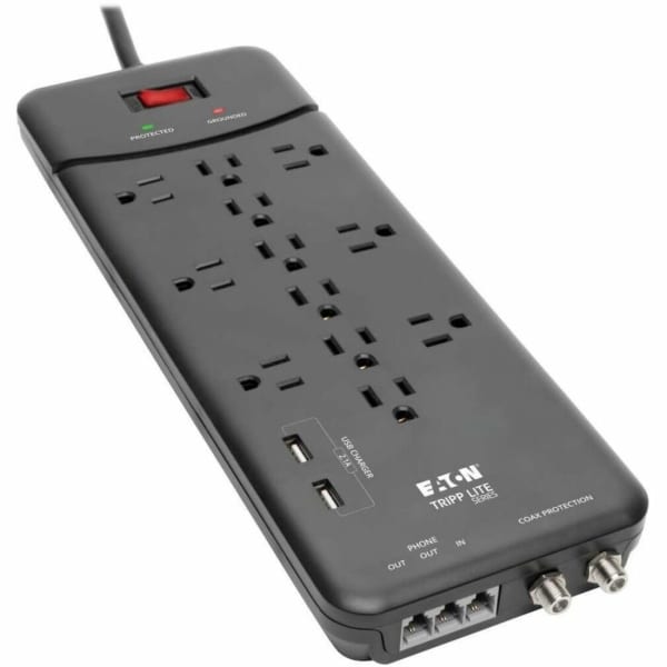 Tripp Lite Protect It! TLP128TTUSBB 12-Outlet Surge Protector with 2 USB Ports, 8' Cord Length, Black
