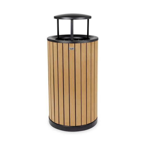 Alpine Slatted Recycled Plastic Panel Round Outdoor Trash Can with Rain Bonnet Lid, 32 Gallon, 33-7/8inH x 20inW x 20D, Cedar