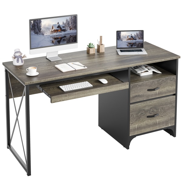 Bestier 56inW Office Desk With Drawers & Tray, Retro Gray Oak Dark