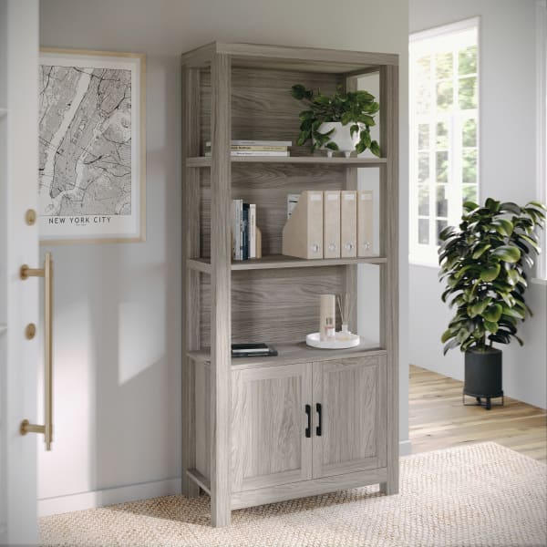 Martha Stewart Hutton 68in Shaker Bookcase with Storage Cabinet, Gray Washed Wood/Oil Rubbed Bronze