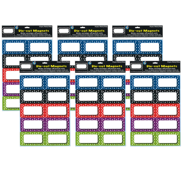 Ashley Productions Die-Cut Magnetic Nameplates, 11in x 8-1/2in, Colorful Dots, 10 Nameplates Per Pack, Set Of 6 Packs