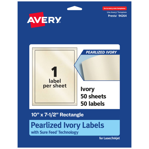 Avery Pearlized Permanent Labels With Sure Feed, 94264-PIP50, Rectangle, 10in x 7-1/2in, Ivory, Pack Of 50 Labels