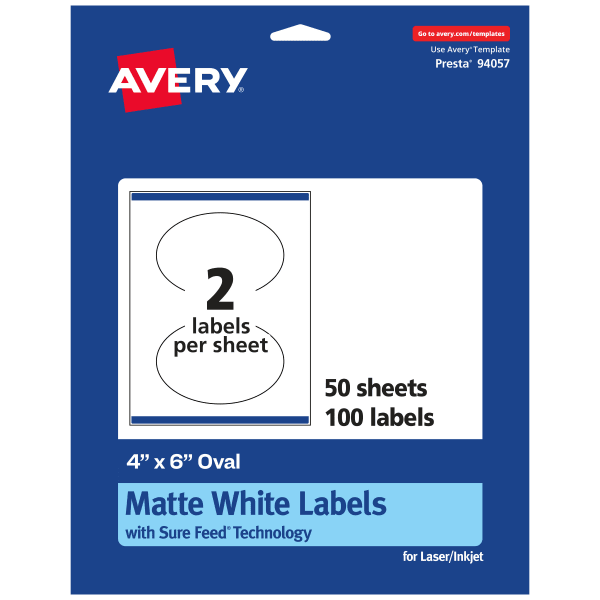 Avery Permanent Labels With Sure Feed, 94057-WMP50, Oval, 4in x 6in, White, Pack Of 100