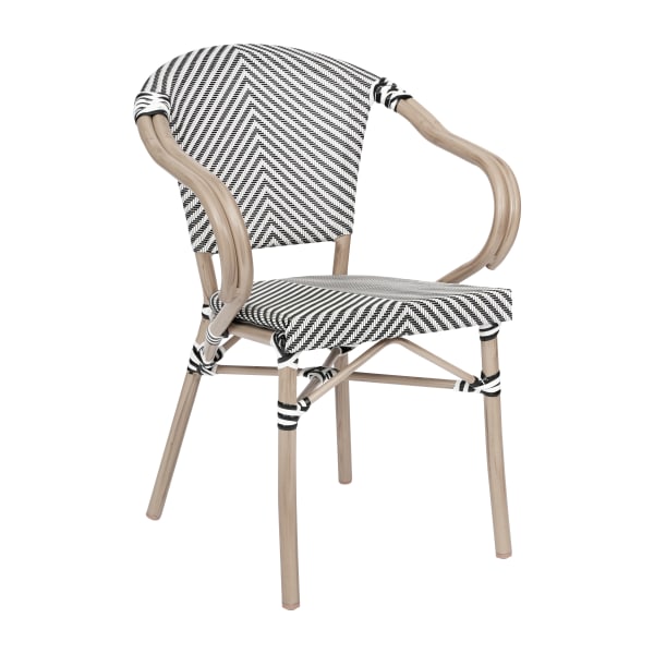 Flash Furniture Marseille Indoor/Outdoor Commercial Bistro Stacking Chair with Arms, Textilene and Bamboo Print Aluminum Frame, Black & White/Light Natural Frame