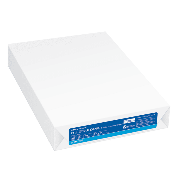 Office Depot Premium 3-Hole Punched Multi-Use Printer & Copy Paper, 1 Ream, White, Letter (8.5in x 11in), 500 Sheets Per Ream, 20 Lb, 96 Brightness