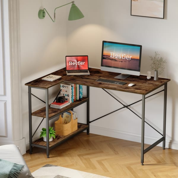 Bestier L-Shaped Corner Desk With Storage Shelf, 48inW, Rustic Brown