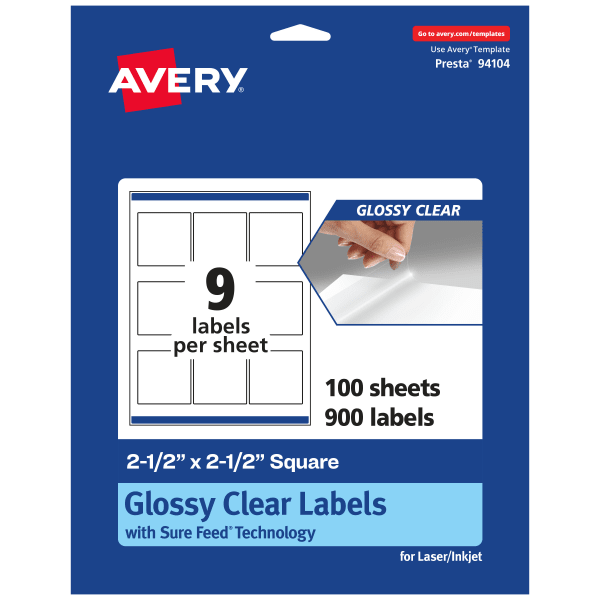 Avery Glossy Permanent Labels With Sure Feed, 94104-CGF100, Square, 2-1/2in x 2-1/2in, Clear, Pack Of 900
