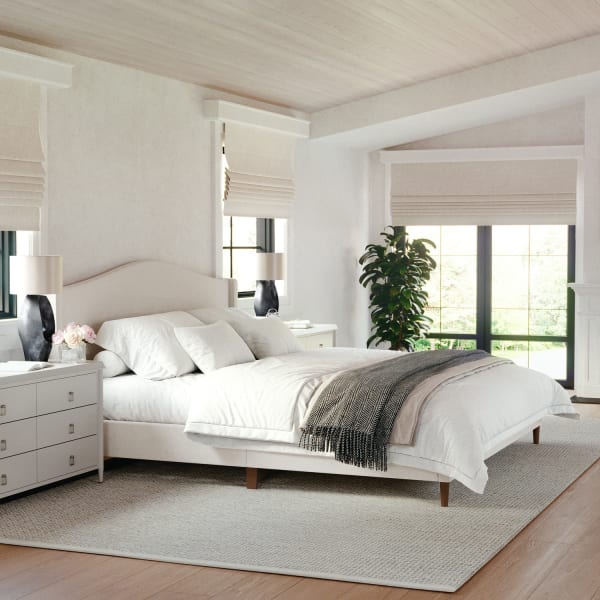 Martha Stewart Amelia Upholstered Platform Bed with Curved Headboard and Cushioned Siderails, Wood Slat Foundation with No Box Spring Needed, Beige Fabric/Walnut Legs, King