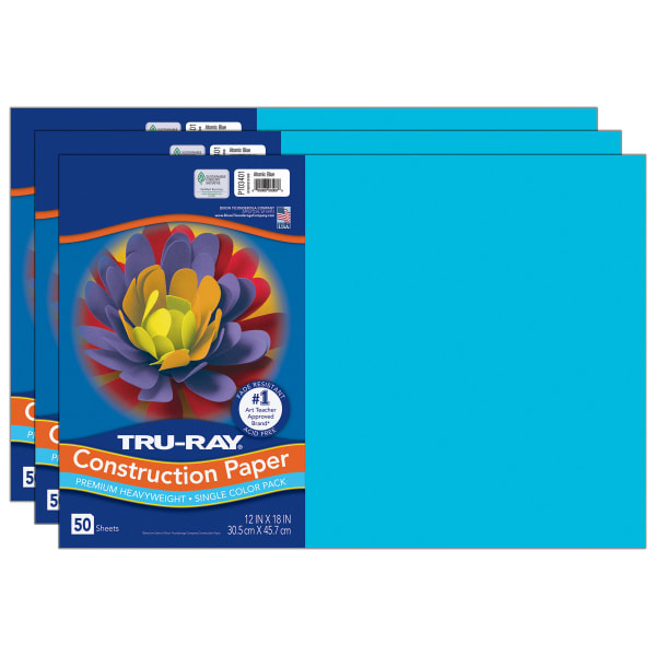 Tru-Ray Construction Paper, Heavyweight, 12in x 18in, Atomic Blue, 50 Sheets Per Pack, Set Of 3 Packs