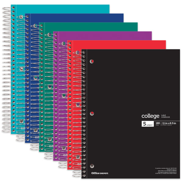 Office Depot Wirebound Notebooks, 8 1/2in x 11in, 5 Subjects, College Ruled, 180 Sheets, Assorted Colors, Pack Of 6 Notebooks