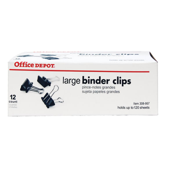 Office Depot Brand Binder Clips, Large, 2in Wide, 1in Capacity, Black, Box Of 12