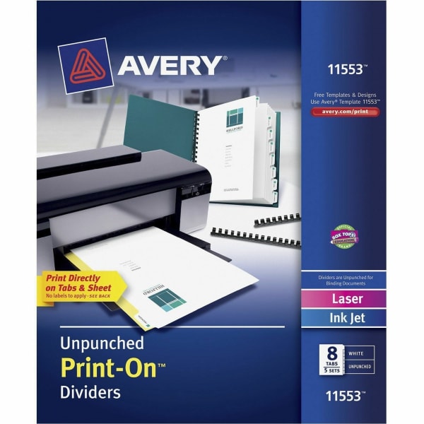 Avery Print-On Dividers, 8 1/2in x 11in, Unpunched, 8-Tab, White Dividers/White Tabs, Pack Of 5 Sets