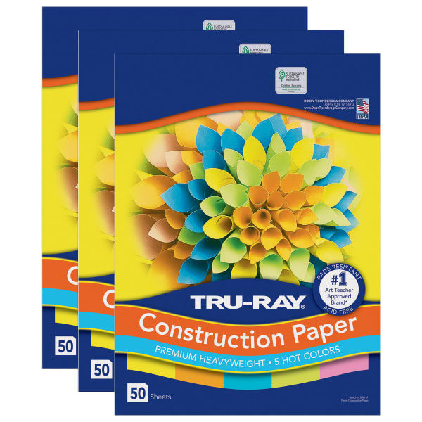 Tru-Ray Construction Paper, Heavyweight, 12in x 18in, 5 Assorted Hot Colors, 50 Sheets Per Pack, Set Of 3 Packs