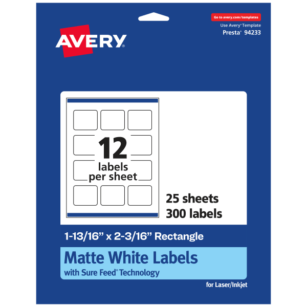 Avery Permanent Labels With Sure Feed, 94233-WMP25, Rectangle, 1-13/16in x 2-3/16in, White, Pack Of 300