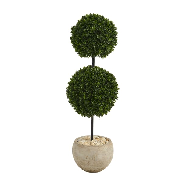 Nearly Natural Boxwood Double Ball Topiary 45inH Artificial Tree With Planter, 45inH x 10inW x 10inD, Green/Sand