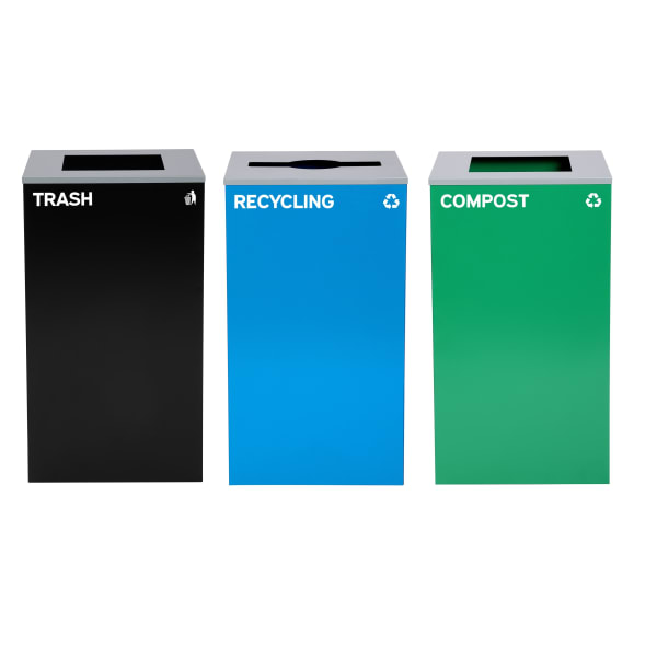 Alpine Industries Stainless-Steel Open Top Mixed Recycling, Compost And Trash Can Set With Square And Mixed Lids, 29 Gallons, 30inH x 16-15/16inW x 16-15/16inD, Black/Blue/Green, Set Of 3 Trash Cans